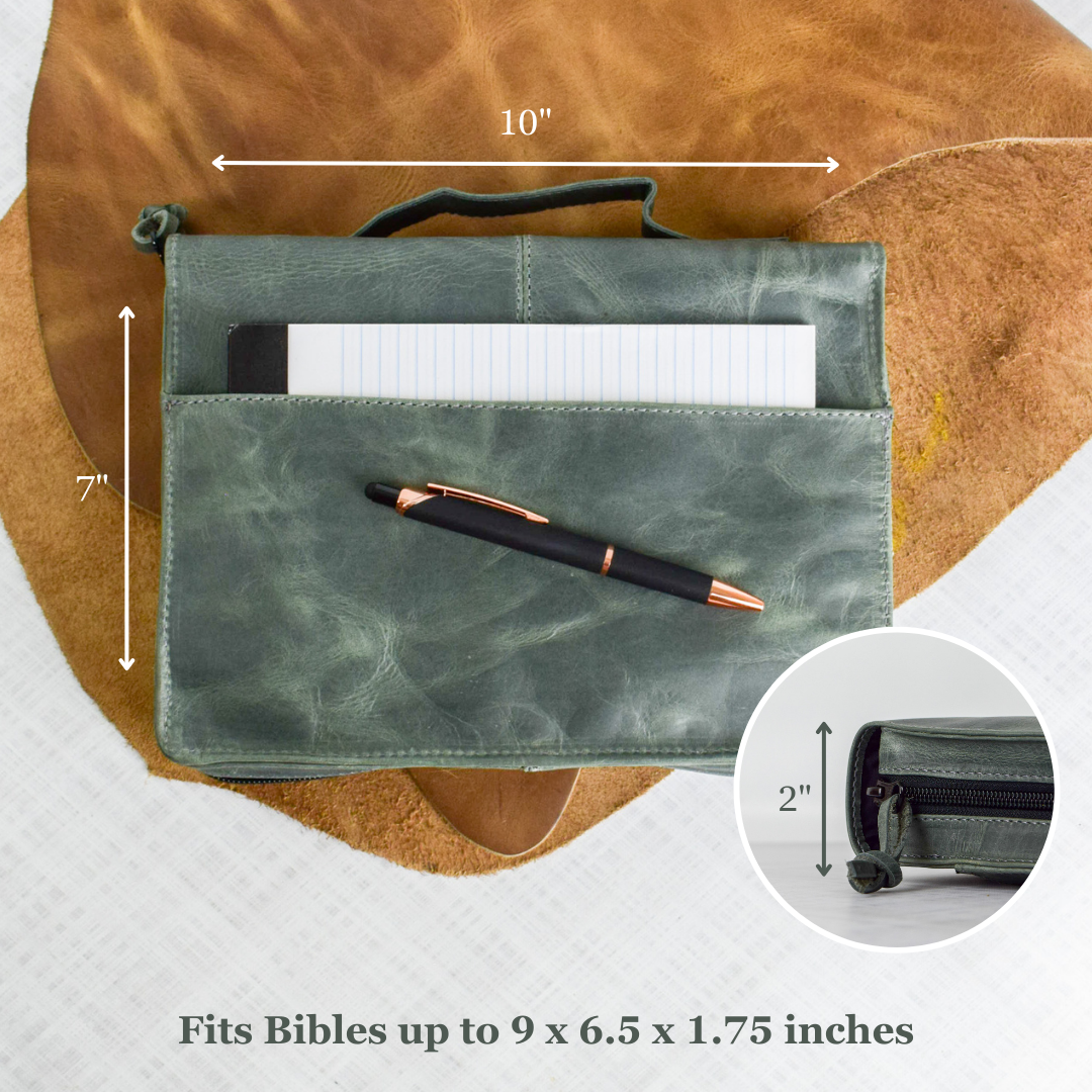 Gray Full Grain, Natural Leather Bible Cover / Case with Zipper