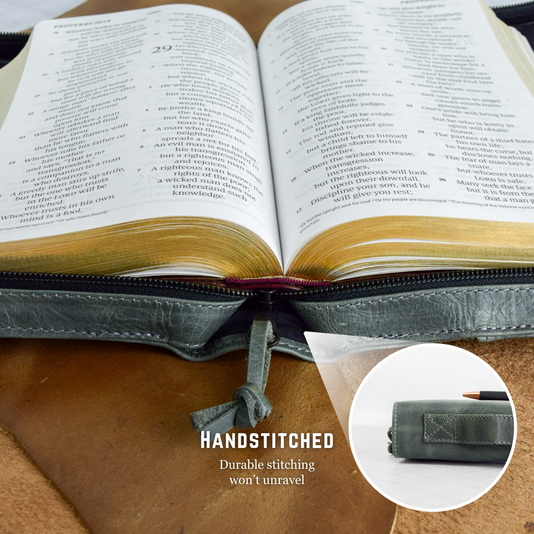 Gray Full Grain, Natural Leather Bible Cover / Case with Zipper