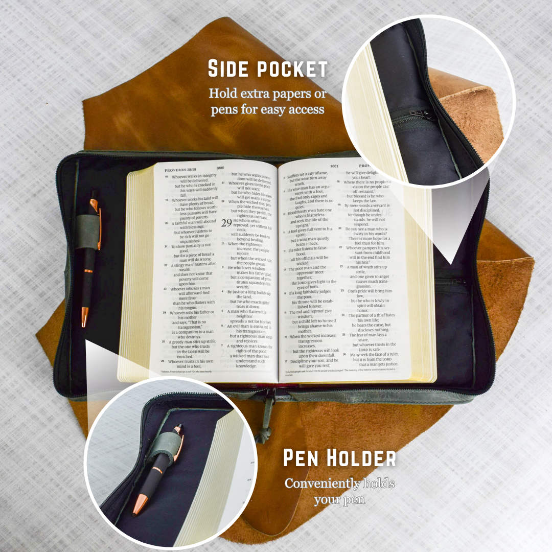 Gray Full Grain, Natural Leather Bible Cover / Case with Zipper