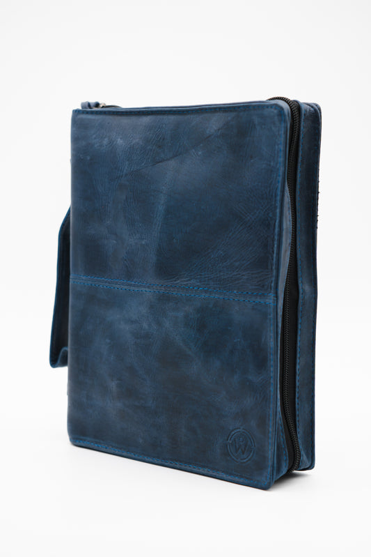 Crazy Blue Full Grain, Natural Leather Bible Cover / Case with Zipper by World Orphans