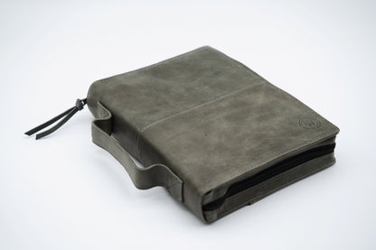 Gray Full Grain, Natural Leather Bible Cover / Case with Zipper