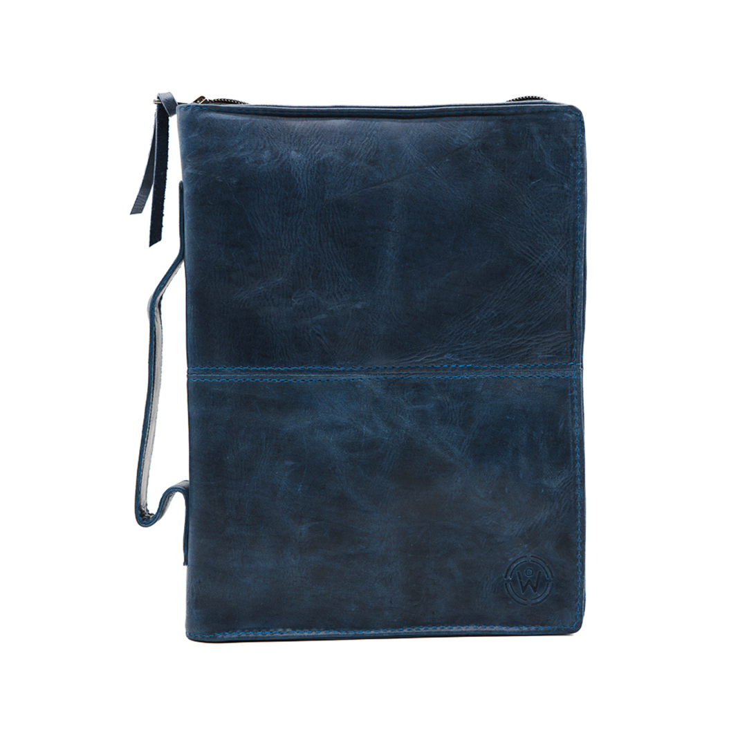 Crazy Blue Full Grain, Natural Leather Bible Cover / Case with Zipper by World Orphans