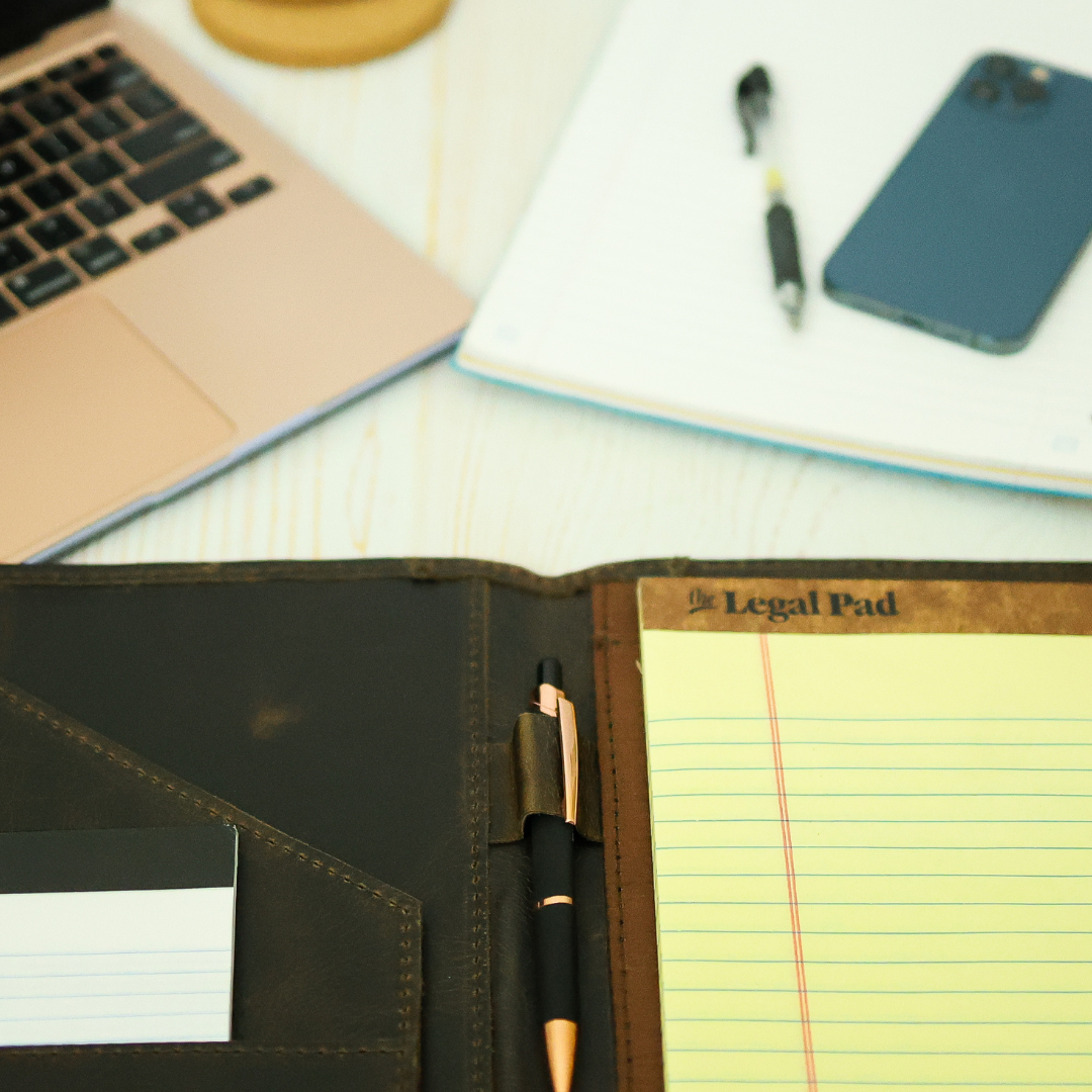 dark brown leather padfolio with pen slot