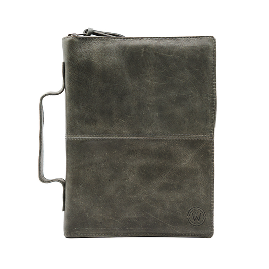 Gray Full Grain, Natural Leather Bible Cover / Case with Zipper