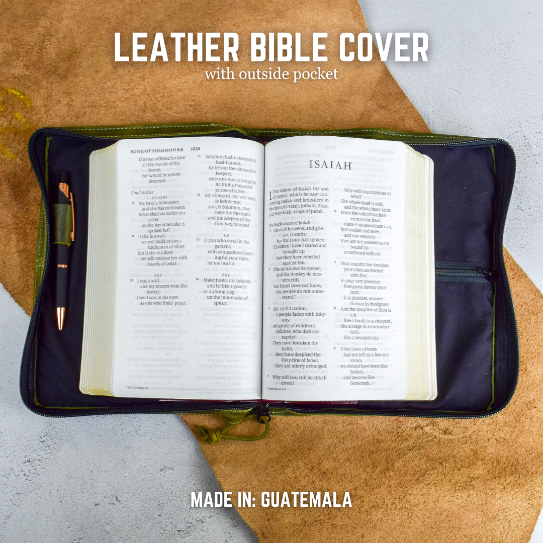 Dark Green Full Grain, Natural Leather Bible Cover / Case with Zipper