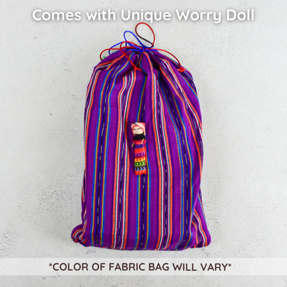 Drawstring bag and worry doll with coffee