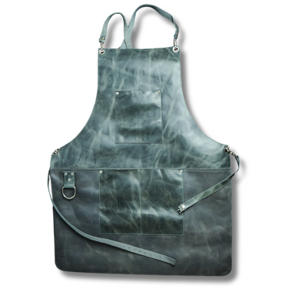 Genuine Leather Unisex Apron w/ Cross Back Straps - Crazy Jade / Gray