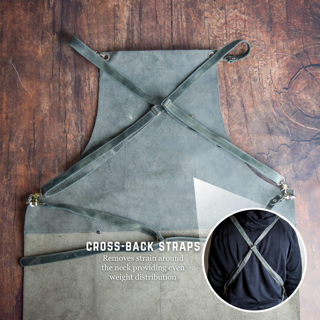 Genuine Leather Unisex Apron w/ Cross Back Straps - Crazy Jade / Gray