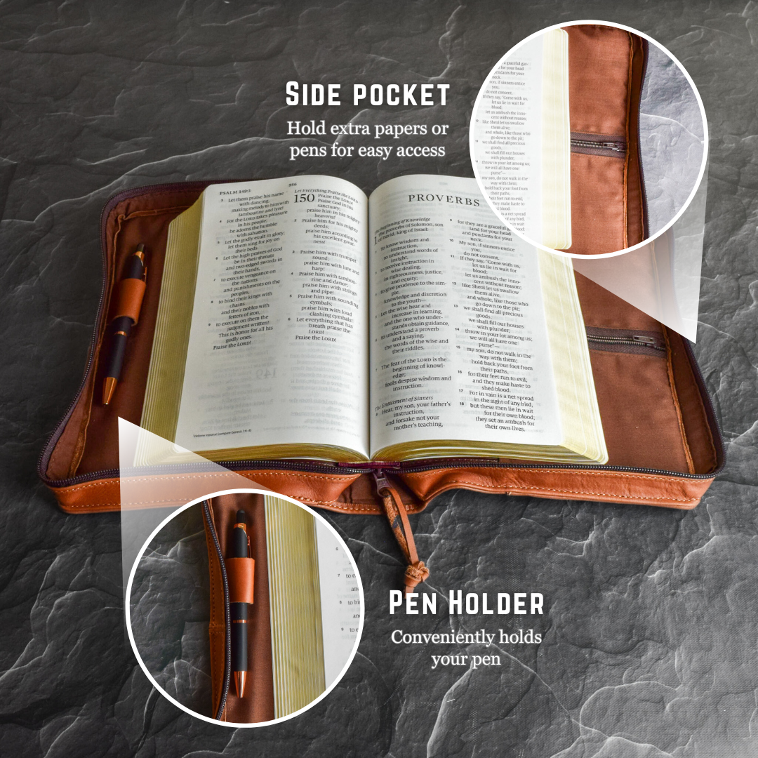 Brown Leather Bible cover with pen holder and pocket