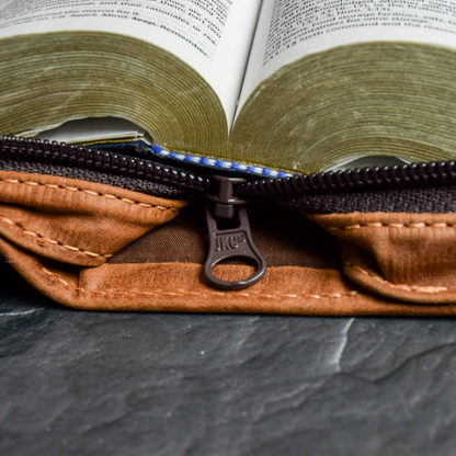 Mahogany Full Grain, Natural Leather Bible Cover / Case with Zipper