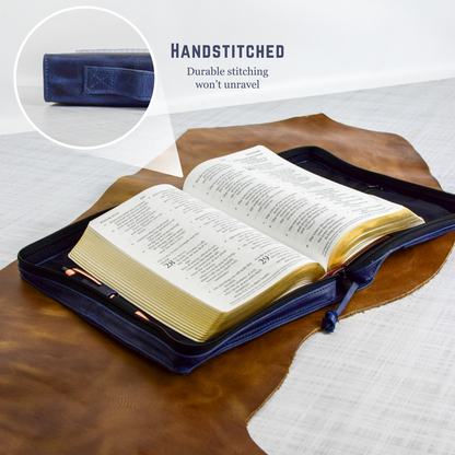 Crazy Blue Full Grain Leather Bible Cover Case with Zipper by World Orphans